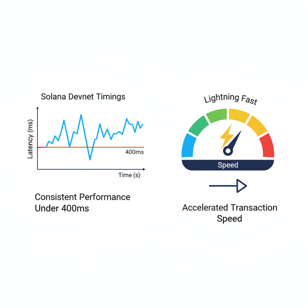 performance graph Solana devnet timings under 400ms, speedometer lightning fast