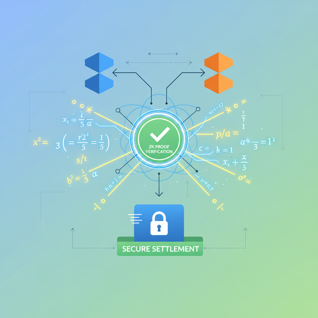 ZK proof verification enforcing cross-chain swap, mathematical proofs glowing, secure blockchain settlement