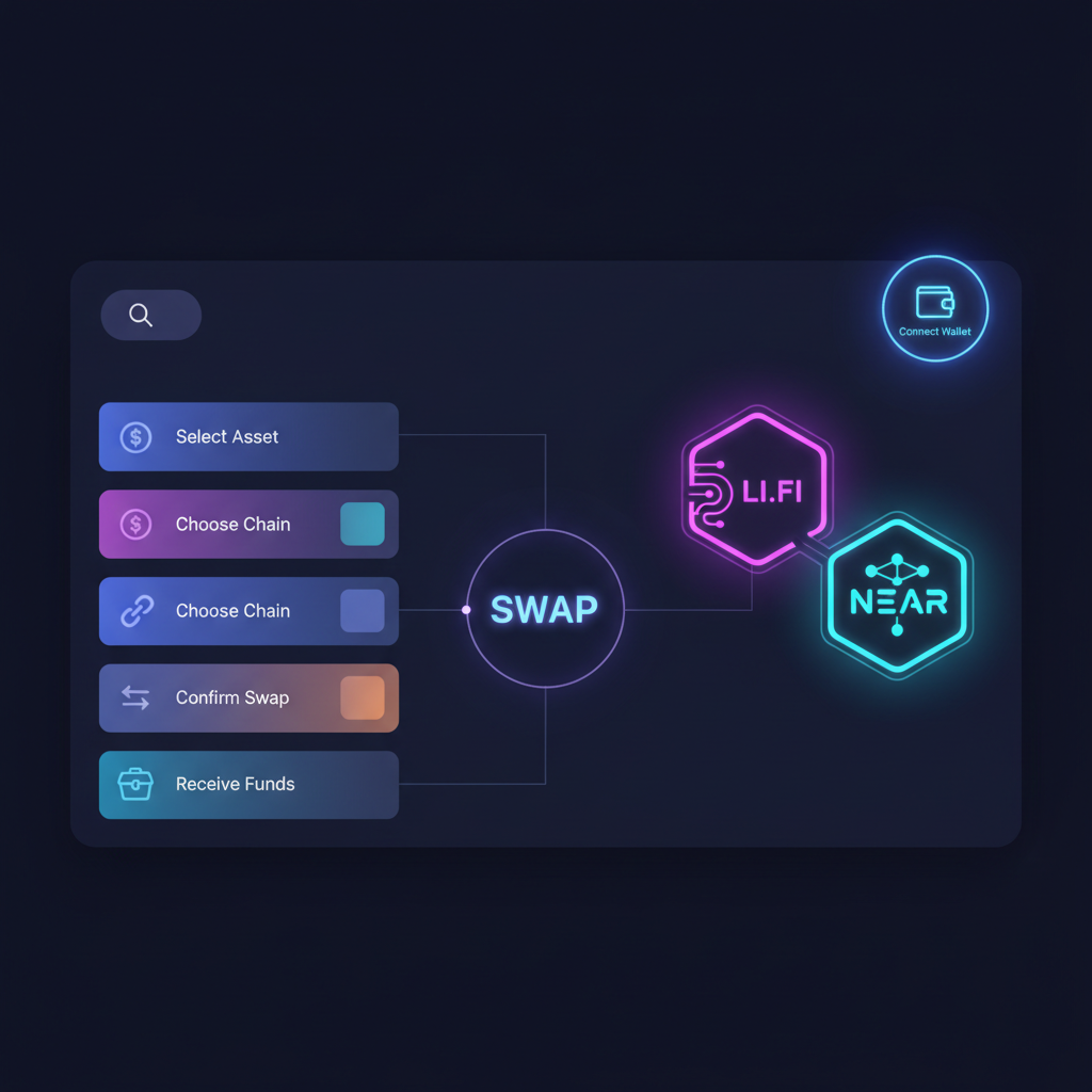 sleek web3 dashboard with wallet connect button glowing, chain abstraction icons for LI.FI and NEAR, futuristic neon UI