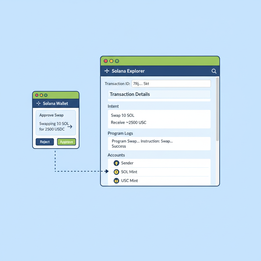 Solana wallet posting swap intent transaction, explorer view with intent details
