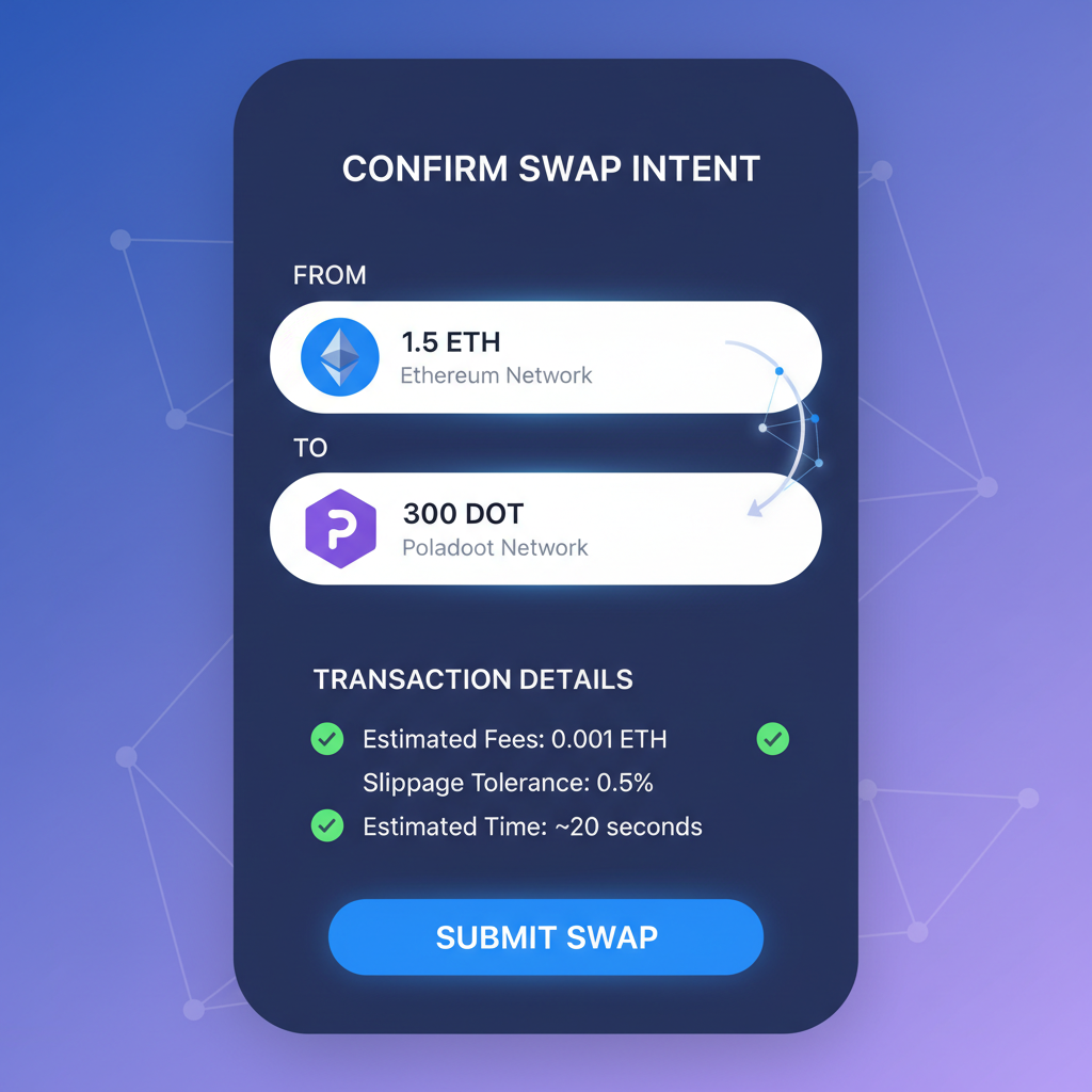 clean UI screenshot of user submitting cross-chain token swap intent in a sleek wallet app, futuristic blockchain theme, high tech, minimalistic