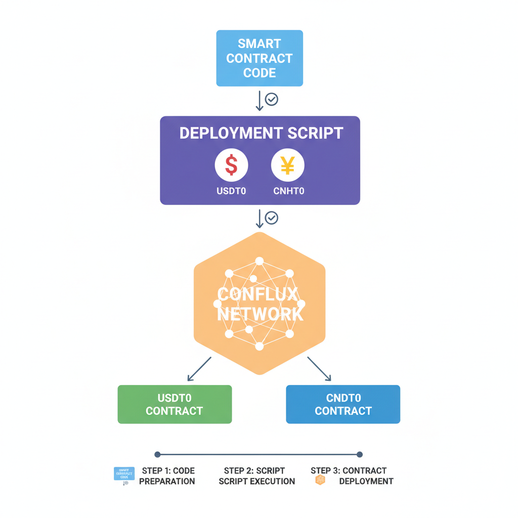 smart contract code deploying USDT0 and CNHT0 icons on conflux network diagram