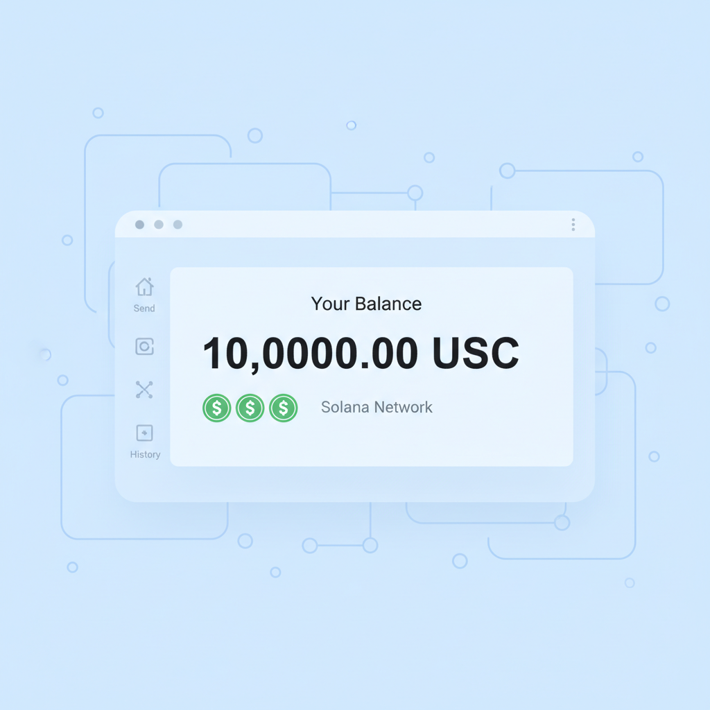 USDC wallet balance on Solana interface, green dollar icons, blockchain network
