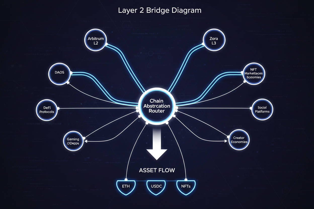 Diagram of Arbitrum L2 to Zora L3 asset bridging flow through chain abstraction router, illustrating seamless cross-chain interoperability and liquidity transfer