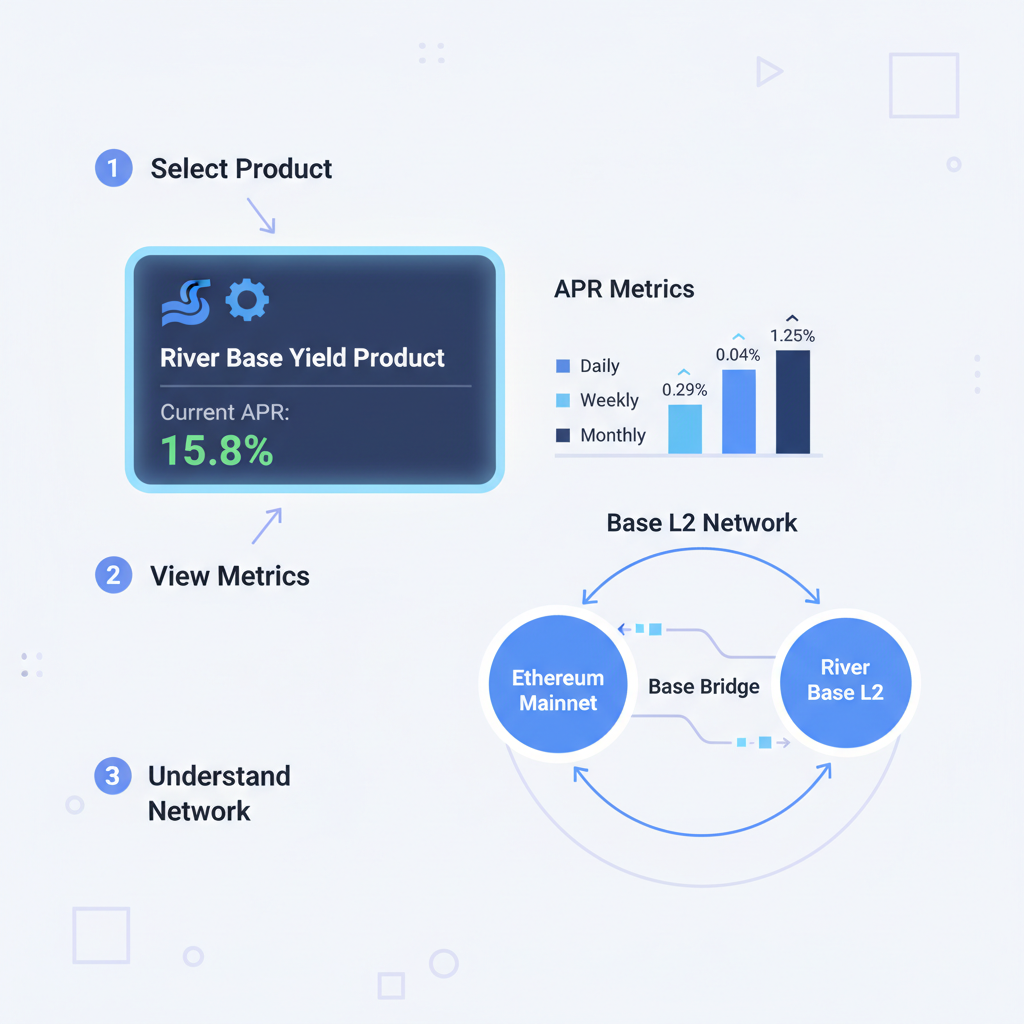 River Base yield product card highlighted, APR metrics chart, Base L2 network visualization, vibrant data dashboard