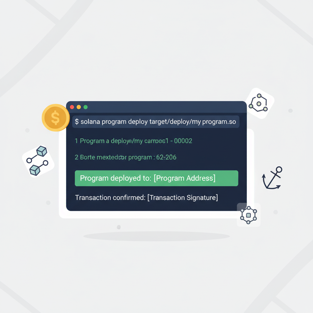 terminal deploying Solana Anchor program on devnet, code output success, blockchain icons